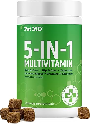 Pet MD 5 en 1 Multivitamínico para perros 30 vitaminas esenciales, minerales y nutrientes para la piel y el abrigo, cadera y articulaciones,