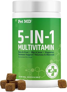 Pet MD 5in1 Dog Multivitamin - 30 Essential Vitamins, Minerals & Nutrients for Skin & Coat, Hip & Joint, Digestion, Senior Dog & Puppy Vitamins - Glucosamine, Omega 3 6 9, Probiotics - 60ct