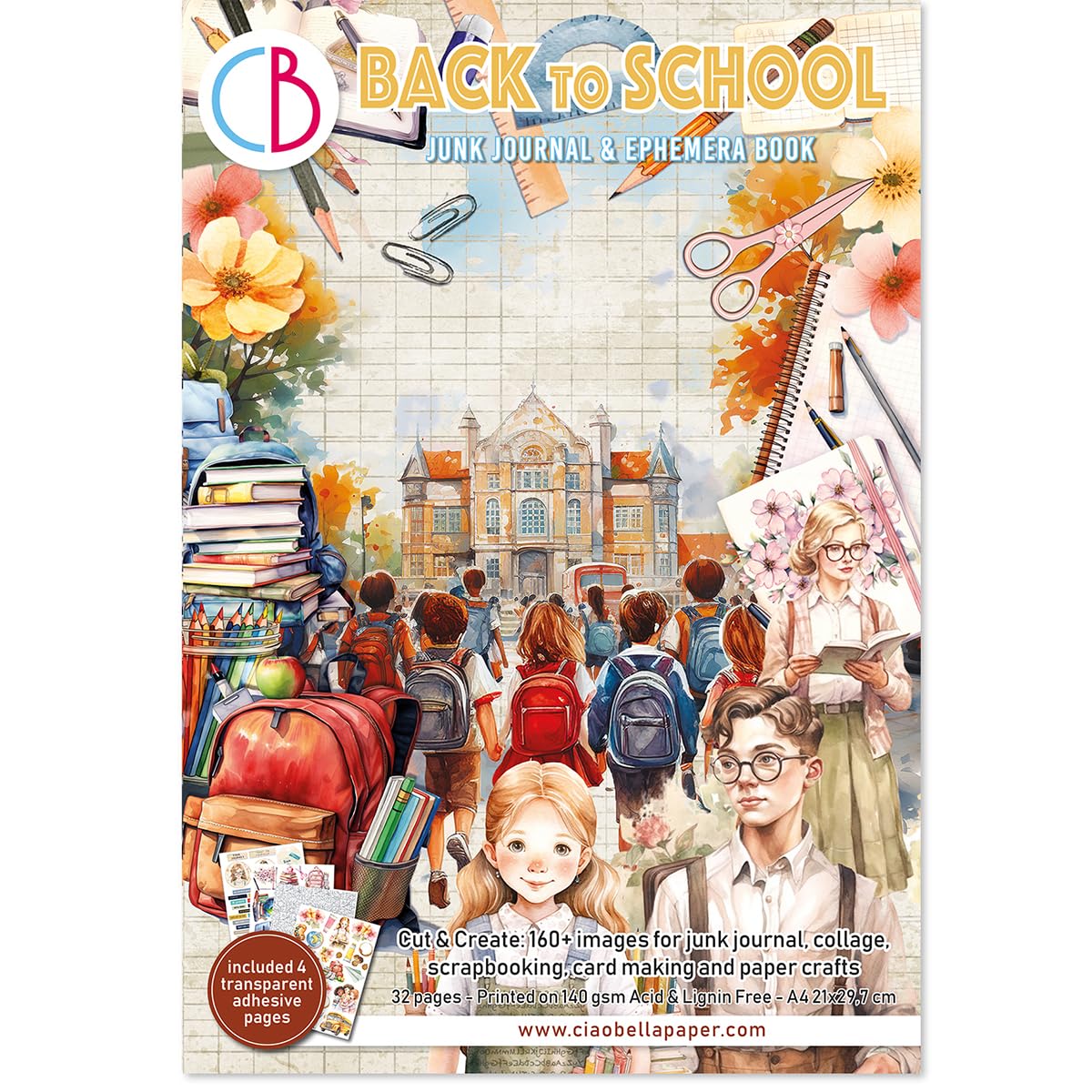 Ciao Bella Ephemera Book & Junk Journal for Paper Crafts, Card Making, Scrapbooking & Collage - 140gsm cardstock (Back to School)
