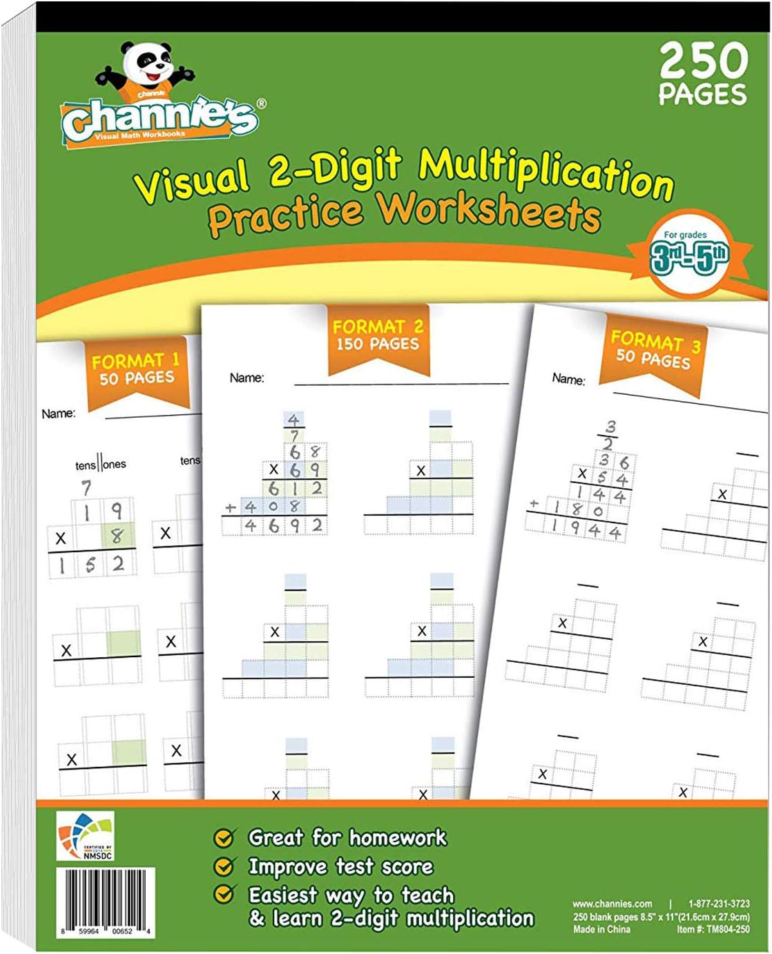 Channie's One Page A Day Double Digit Multiplication Math Practice Blank Template, 250 Loose Pages Ream, Grades 3rd, 4th, and 5th, Size 8.5” x 11”