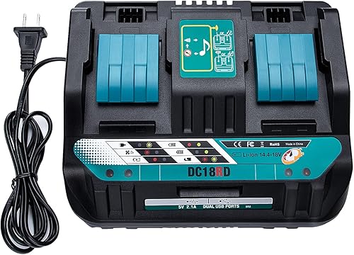 18V DC18RD Dual Ports Battery Charger for Makita 14.4V-18V LXT Lithium-Ion Battery BL1415 BL1430 BL1830 BL1840 BL1850 BL1850B BL1860B BL1860 BL1815