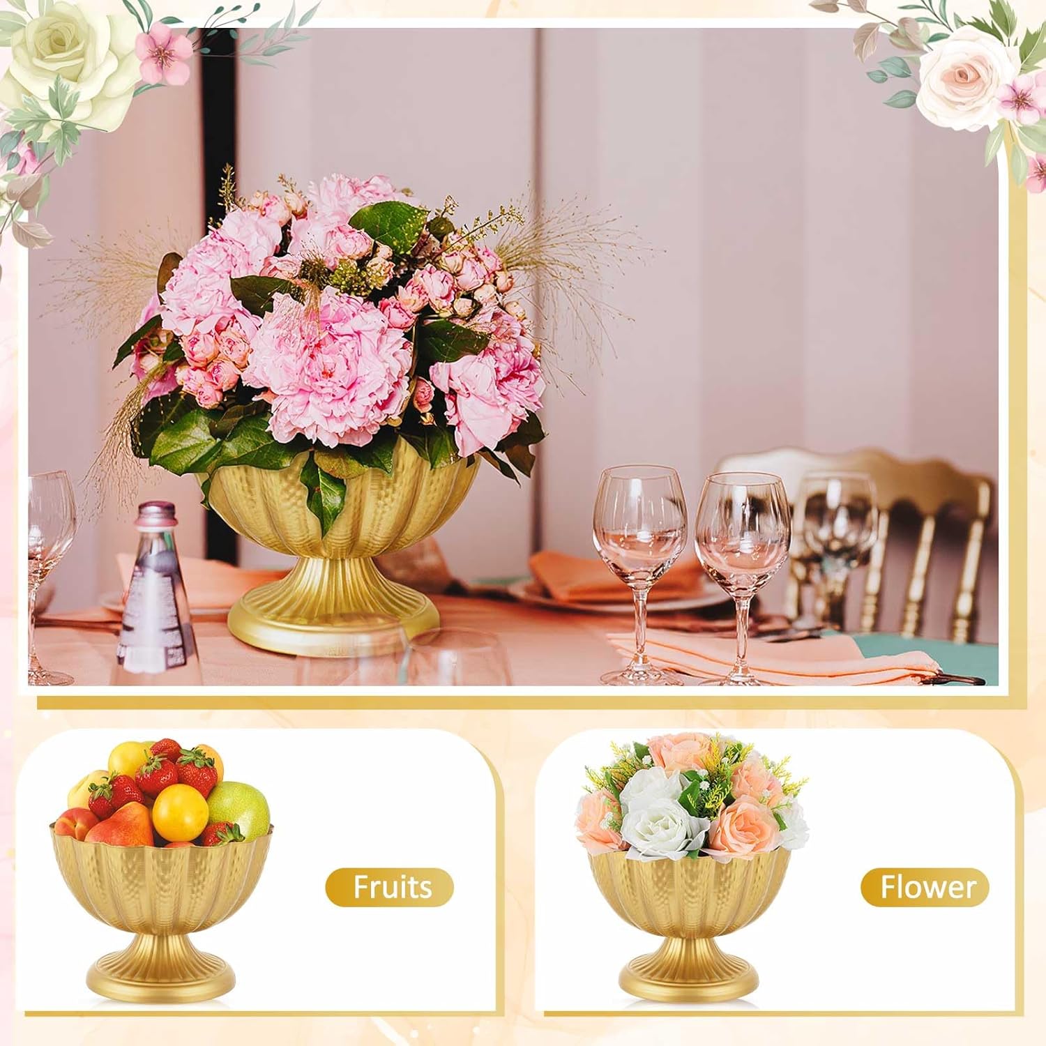 4 Pcs Large 9 Inch Compote Vase for Centerpiece Flower Holder Metal Compote Bowl Indoor Outdoor Flowers Fruits Plant for Wedding Party Decoration Christmas Home (Bright Gold)