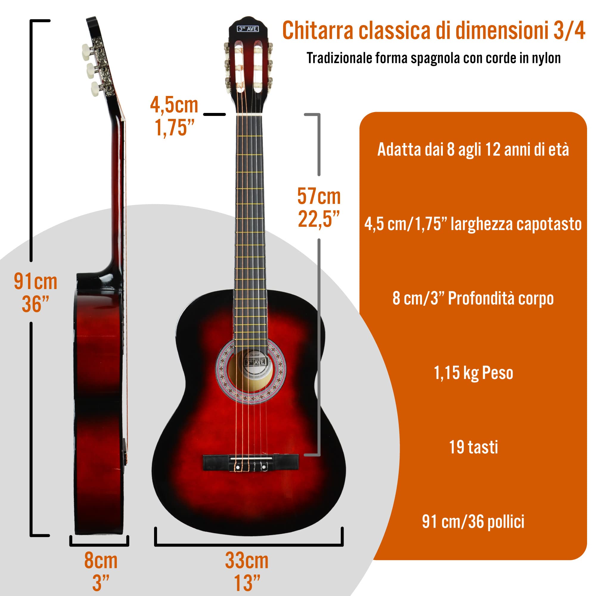 Pacchetto Per Principianti Con Corde In Nylon Spagnole Per Chitarra Classica Da 3/4 Per Bambini - Rosso