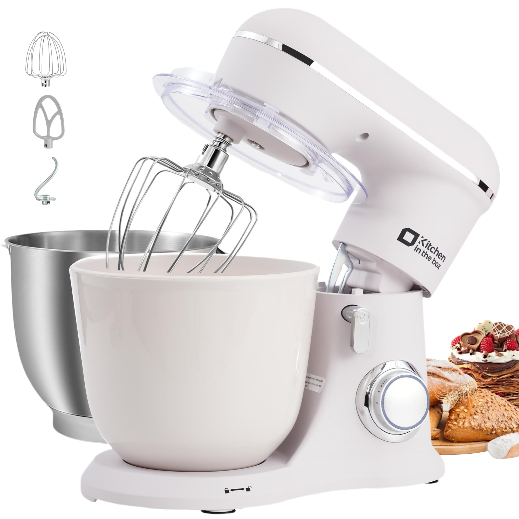 Kitchen in the box Stand Mixer, 4.5L+5L Two Bowls Food Mixer for Baking, 10 Speeds Electric Kitchen Appliance with Dough Hook, Whisk, Beater, 1300W Matte for Home Baking (Grey White)