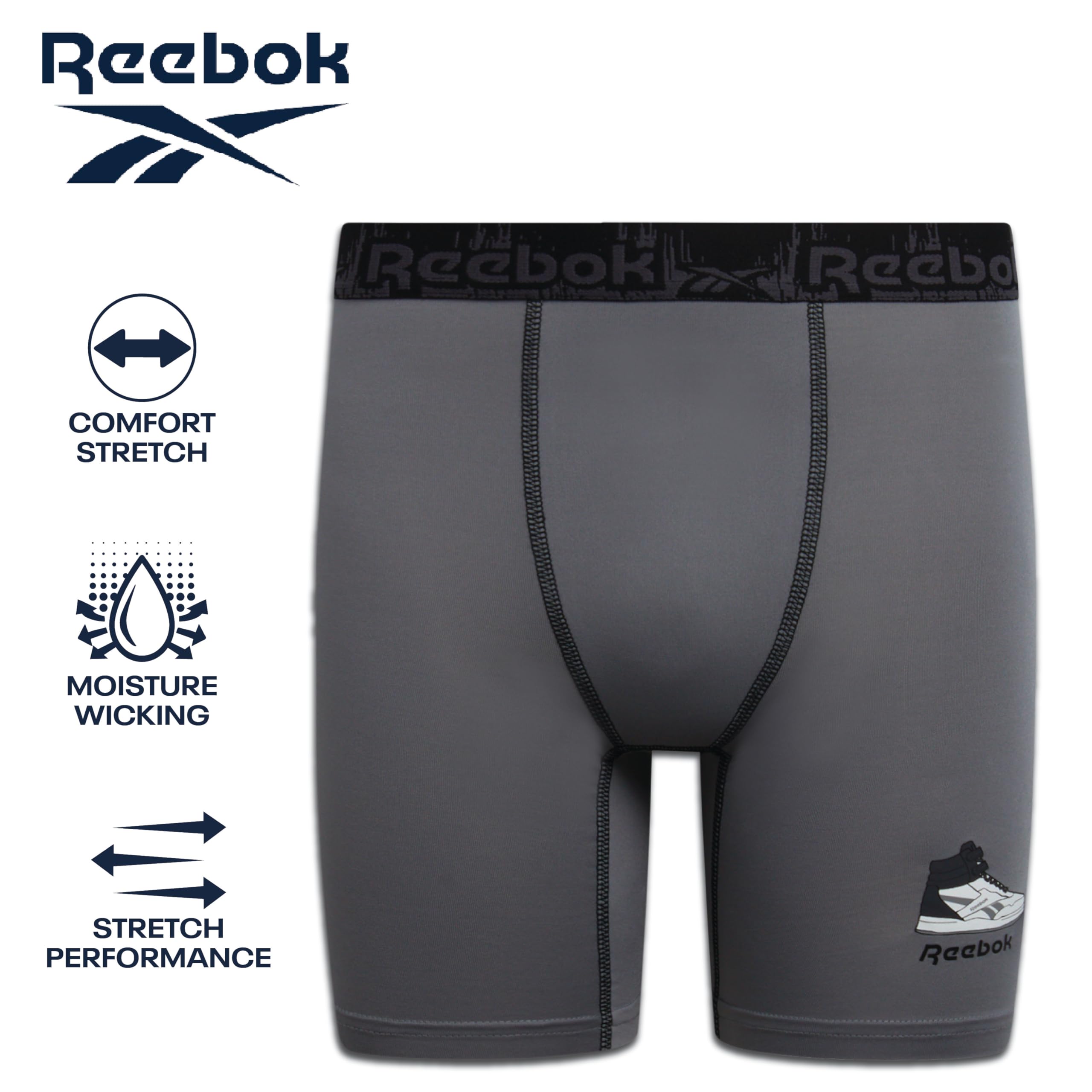 Reebok Calzoncillos tipo bóxer para niños, paquete de 8 calzoncillos tipo bóxer de rendimiento de 6 pulgadas de entrepierna de pierna larga con bolsa de apoyo (6-18)
