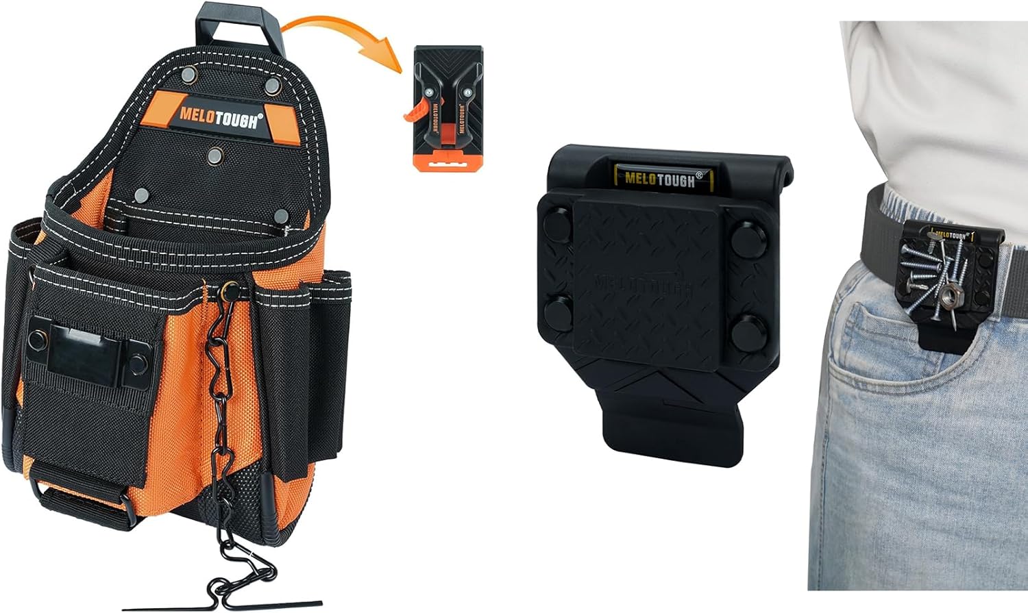 MELOTOUGH Small Electrician Tool Pouch with Belt Clip Attachment, 9 Pockets, Magnetic Tool Holder, Orange, TPR
