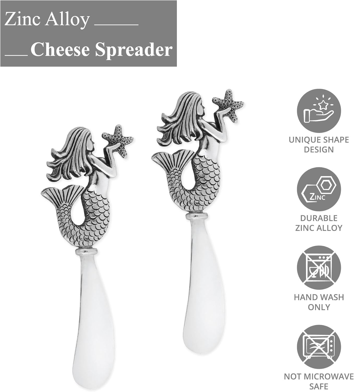 UP Mermaid Cheese Spreader Set, Zinc Alloy Butter Spreaders with Decorative Handles for Cheese, Cream, and Dips, Silver, 4.75 Inch, Set of 2