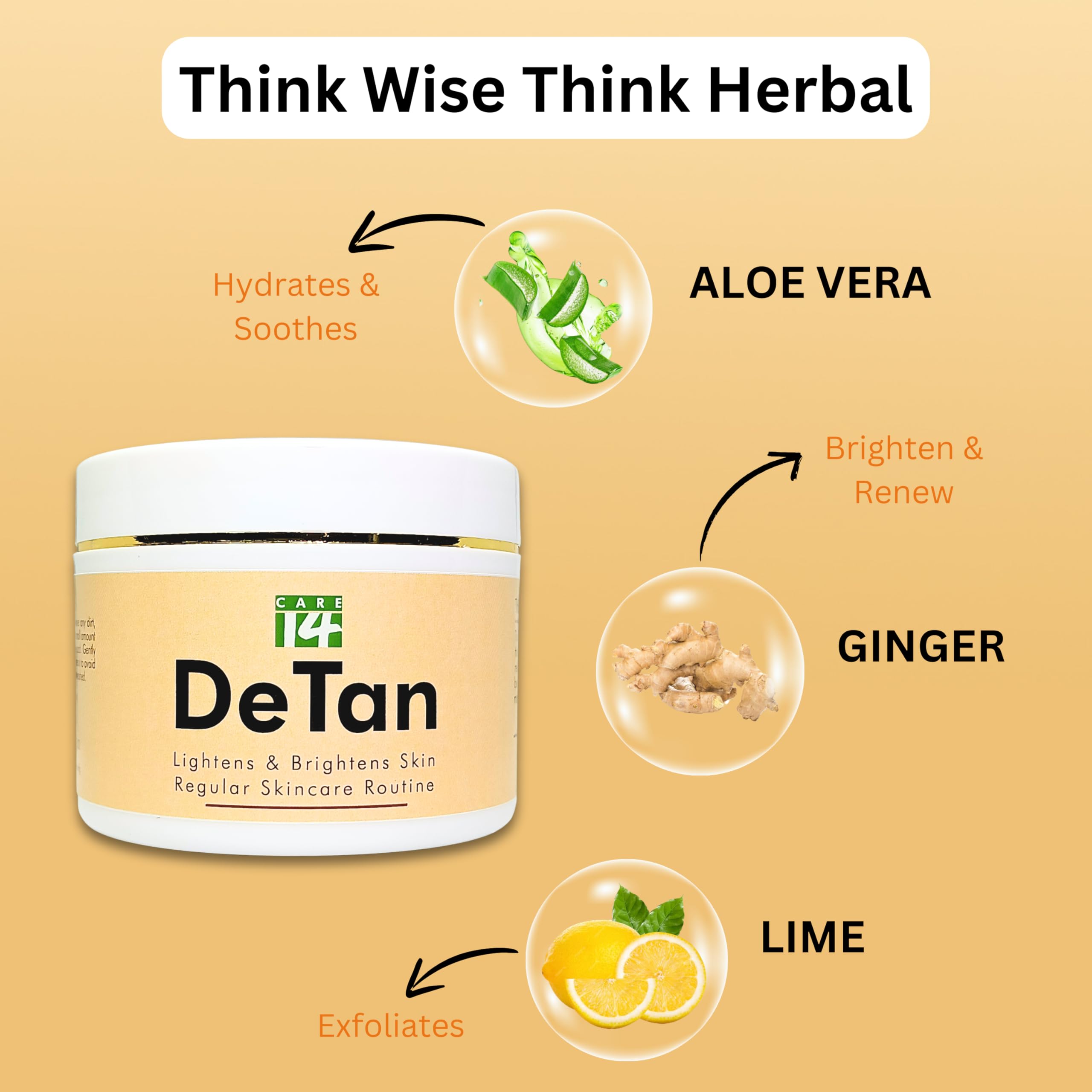 Care14 De-Tan Gel | Brightens Skin & Removes Tan | With Ginger, Lime & Aloe Vera | Chemical & Sulphate Free | 100g 1