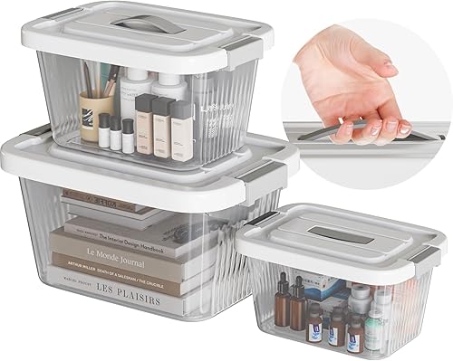 Contenedores apilables de plástico con tapas, paquete de 3 (6, 10, 17 cuartos de galón), sin BPA, asa superior y cerraduras de seguridad para