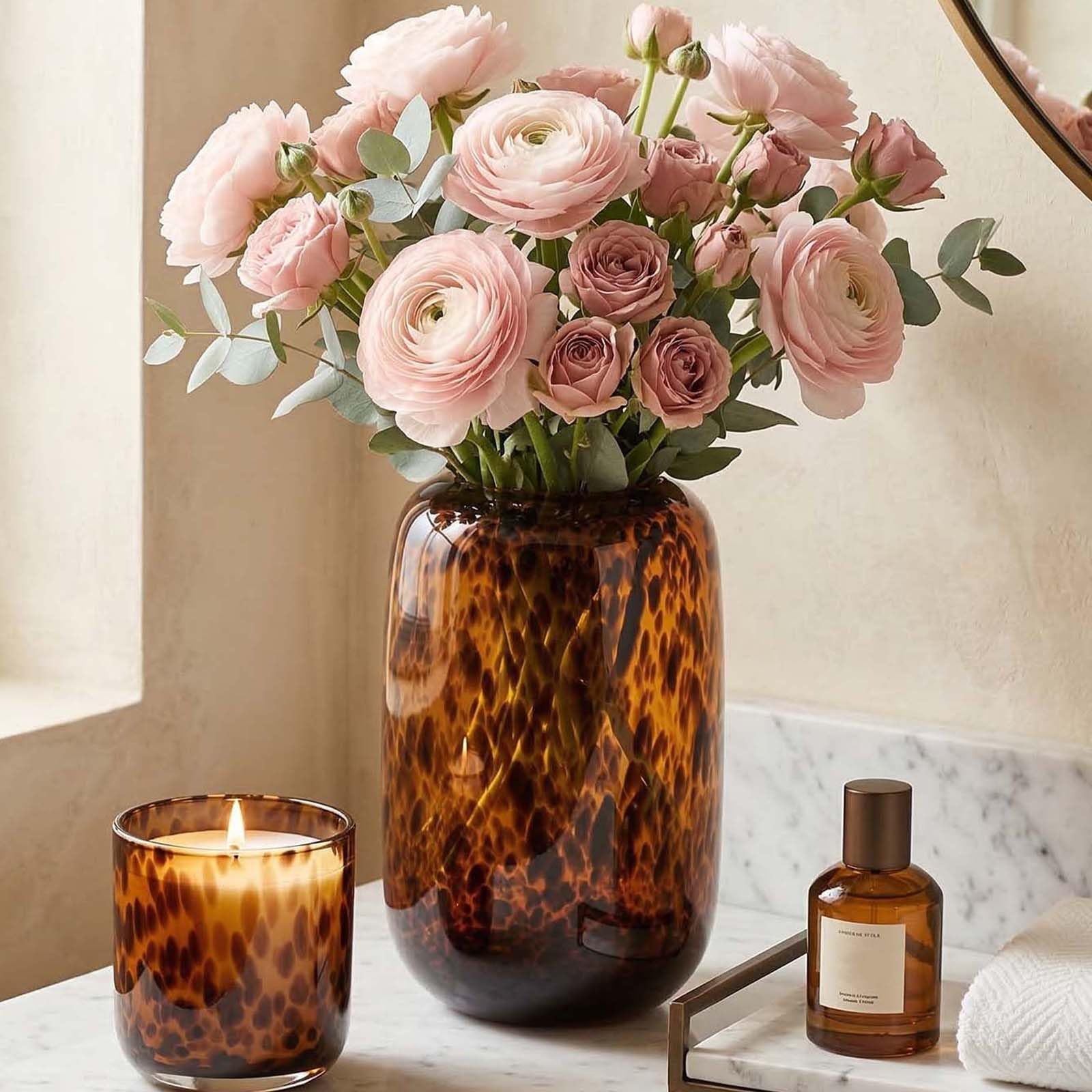 Photo 1 of 10.3in Amber Vase,Tortoise Shell Decor,Brown Glass,Round Art,Modern Clear Glass Vase,Decorative Bottles for Home Decor,Farmhouse Centerpiece,Wide for Living Room, Kitchen,Office, Dining (L)