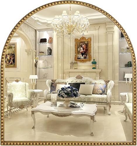 Fobule Espejo de baño arqueado de 33 x 31 pulgadas, espejo de pared dorado antiguo, marco de cuentas de metal, espejo de tocador para tocador, sala