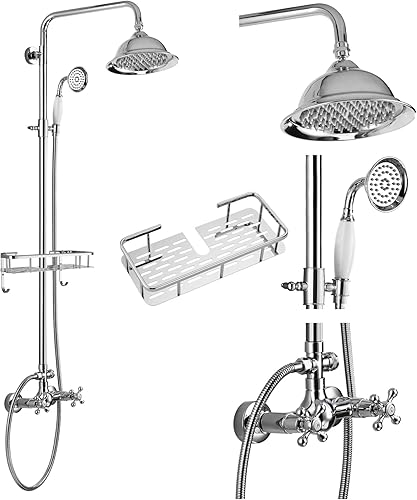 Miniatura 12 de gotonovo Sistema de ducha de latón antiguo, cabezal de ducha de lluvia de 8 pulgadas, rociador de mano, doble mango cruzado, grifo de ducha de baño