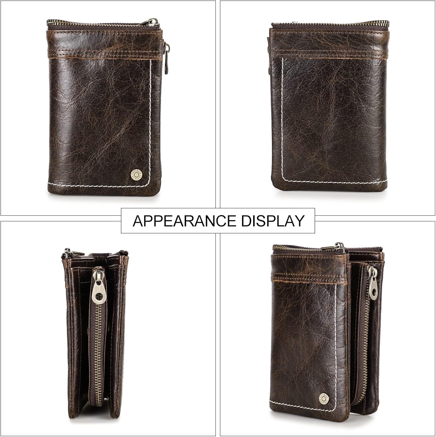 CONTACTS RFID Blocking Mens Wallet,Soft Origin Leather Zip Pocket Wallets for Men,Multifunction Wallet Compatible with AirTag Holder,Credit Card Organizer Bifold Purse (Coffee-M1327) - Image 4