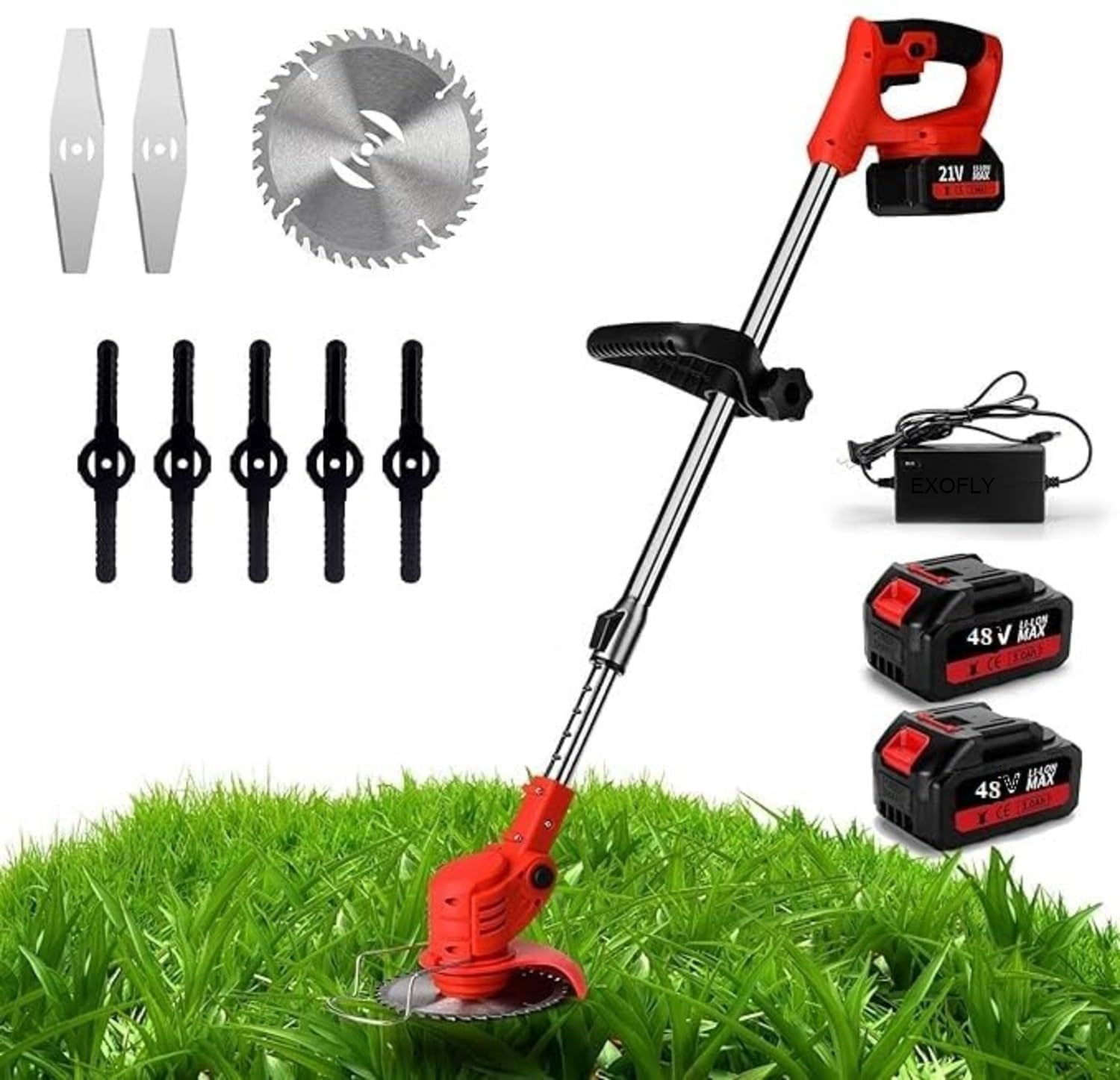 EXOFLY Electric Wireless Rechargeable Edge Cutter 24V - 25cm Cutting Width 2-in-1 Mower & Trimmer Adjustable Height 3 Blade Types Lightweight & Portable Lawns & Gardens Home, Yard (Yard Cutter)