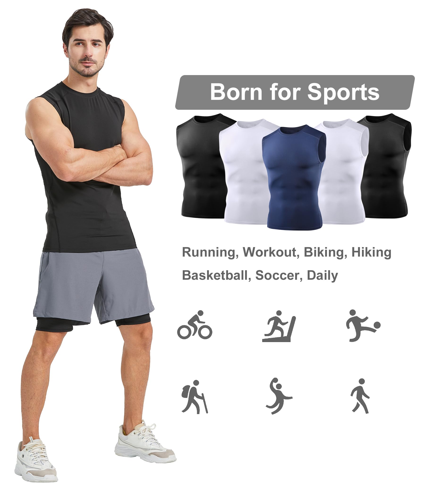 Dalavch Ärmellose Kompressions-Shirts für Herren, trockene Passform, Laufen, Sport, Workout, athletische Baselayer, Tank-Tops, 5/6er-Pack