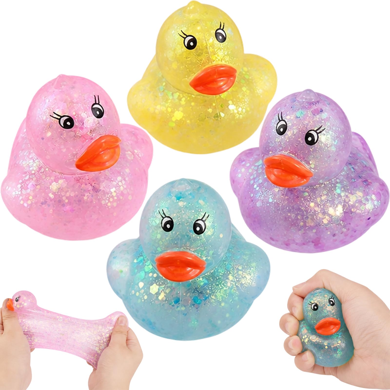 Glitter Duck Squishy Fidgets Squeeze Toys, Stress Relief Balls with Sugar Texture Squishies, Slow Rising Squishy Set for Office and Study Use, Four Ducks Sensory Items for Focus Enhancement