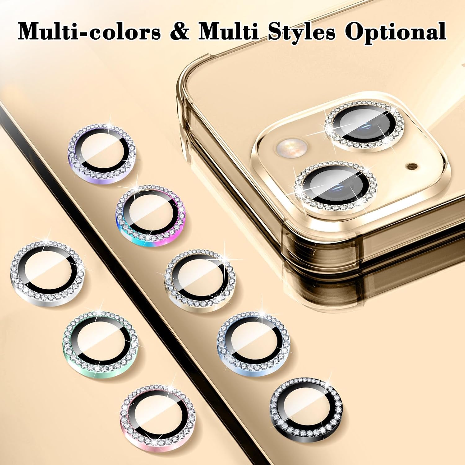 Kucheed Diamond Camera Lens Protector Compatible for iPhone 13/13 Mini, Bling Tempered Glass Camera Cover, Individual Automatic Alignment Metal Rings, Glitter Phone Lens Cover Film Stickers