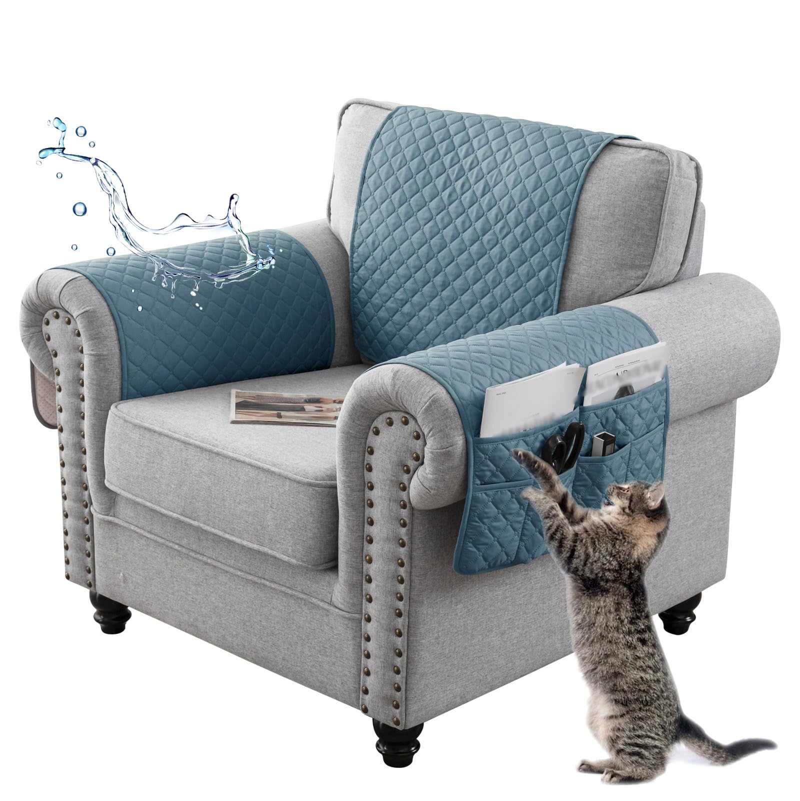 NNSMUN Sofa Armrest Cover, Headrest Cover for Recliner Chair Arm Cover, Armchair Slipcover Non Slip Quilted Furniture Protector for Sofa Recliner Armchair Cats Dogs (Gray Blue,3 Seater(5pcs))