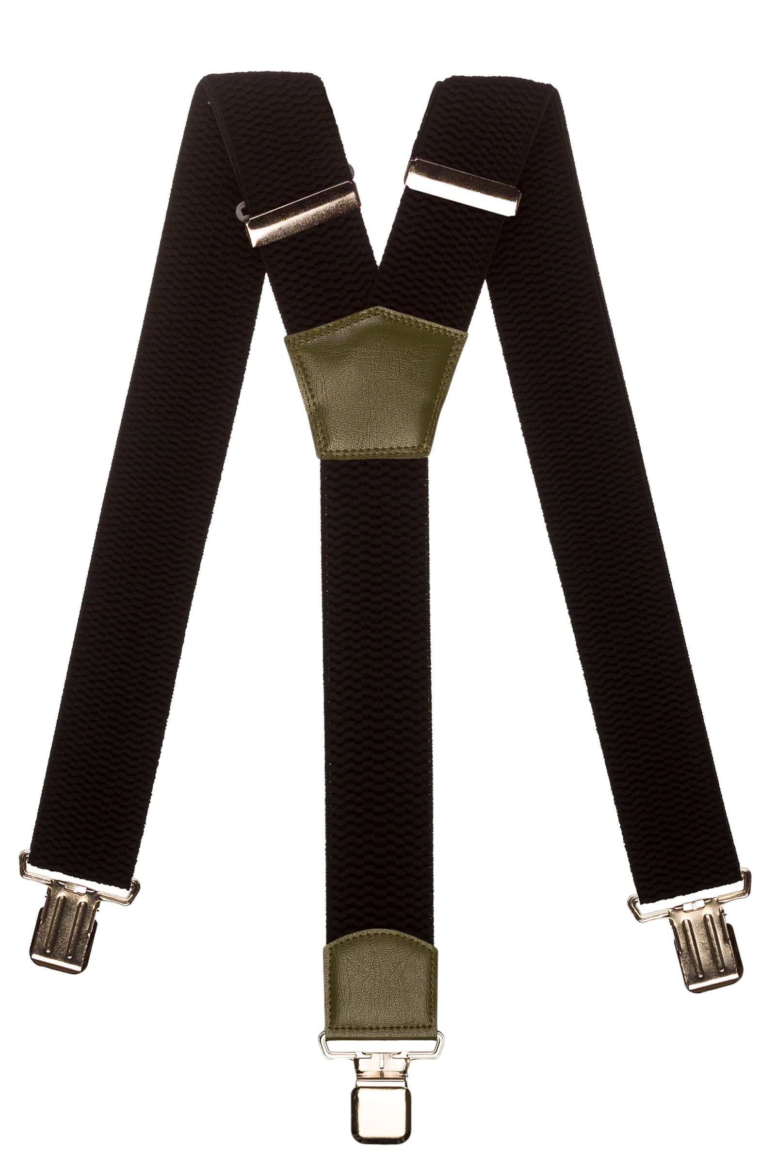 Olata Men's Heavy Duty Y-Shape Braces/Suspenders in Black with Coloured Leather - 5cm. Olive Green (Silver Clips)