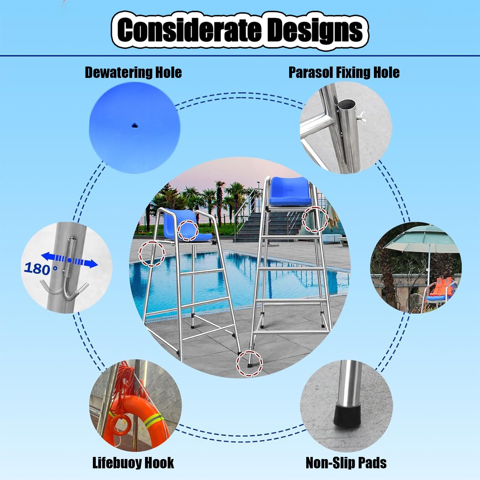 Chaise de sauvetage robuste en acier inoxydable pour piscine, plage, parc aquatique, design robuste, résistant aux intempéries, idéal pour les loisirs aquatiques et la surveillance