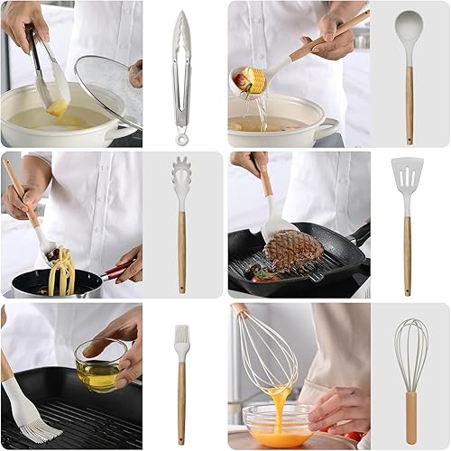 Miniatura 6 de Juego de 12 utensilios de cocina, utensilios de cocina de silicona con mango de madera antideslizante y cubo organizador, juego de utensilios de