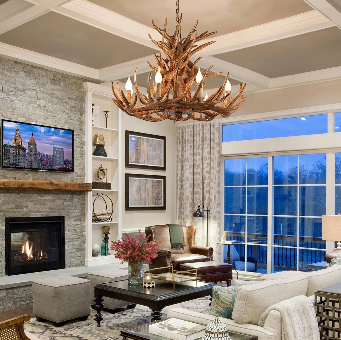 Antler Chandelier Lighting, Vintage Deer Horn Chandeliers 9 Lights, Resin Antler Ceiling Light Fixtures for Living Room Dining Room Bedroom Bar Cafe (18 Antler arms with 9 Light)