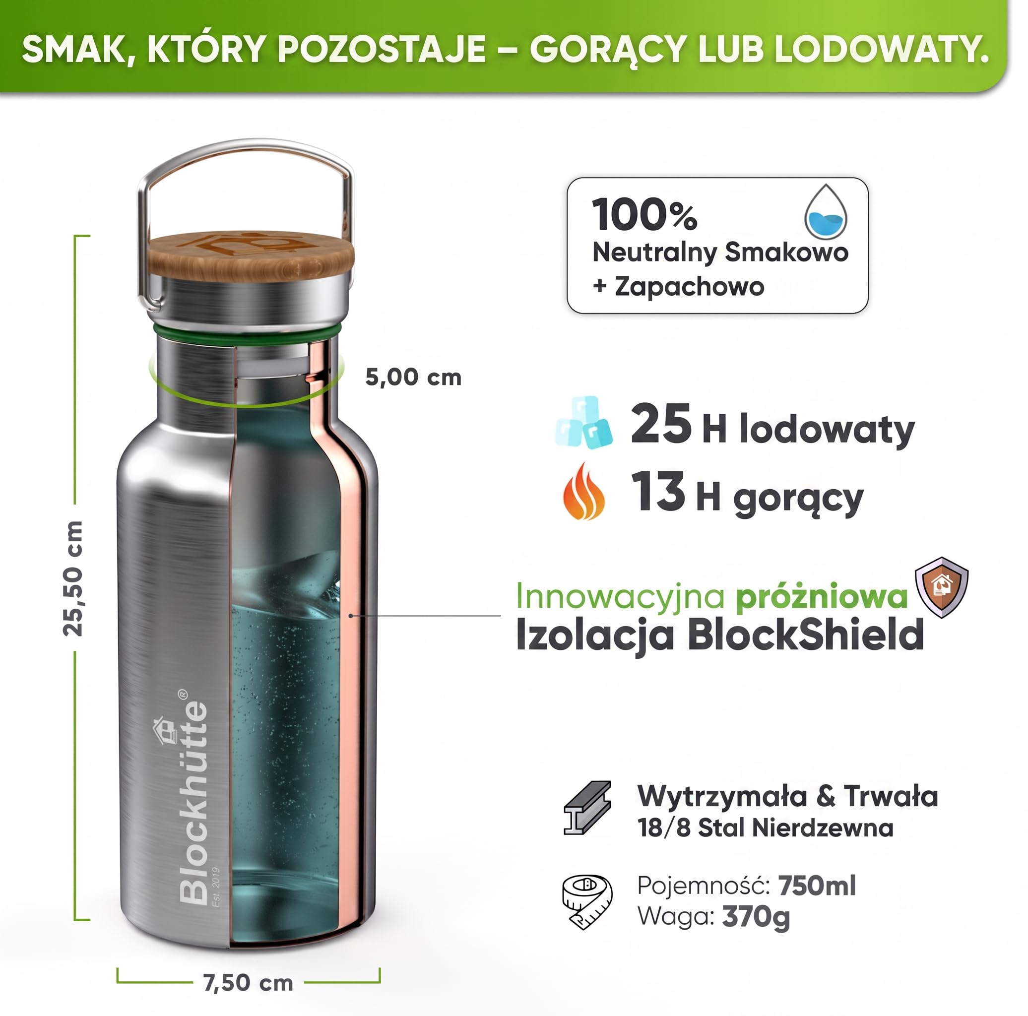 Blockhütte. Butelka na napoje, ze stali nierdzewnej, premium, izolowana, 750 ml, z ekologiczną szczotką do czyszczenia butelki, zabezpieczona przed wyciekiem, nadaje się do zmywarki, do sportu, bez bisfenolu A