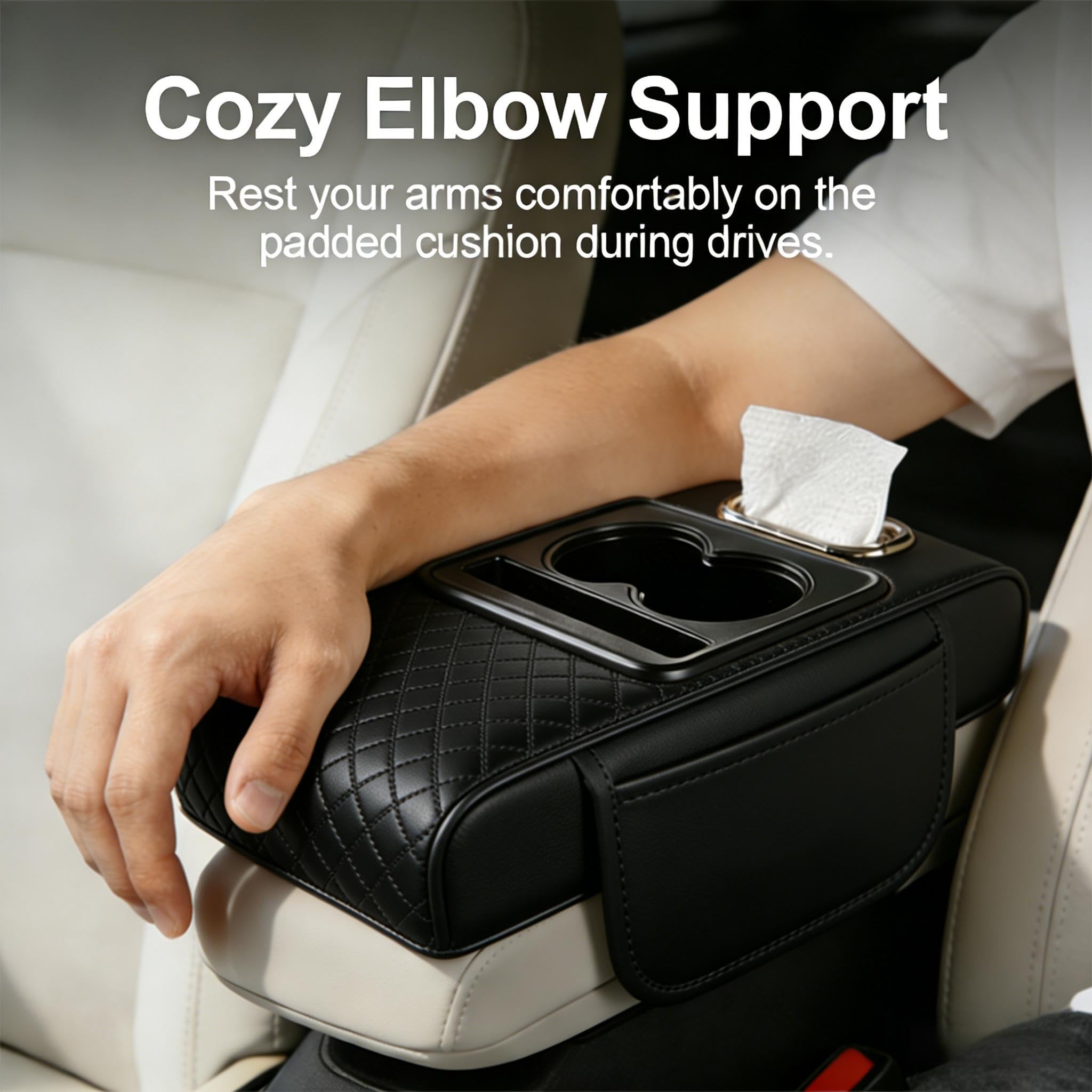 4-in-1 Multifunctional Car Armrest Cushion, Soft & Comfortable Cars Armrest Pad, Car Center Console Cover with Cup Holder, Phone Slot & Built-in Storage Box, Universal Auto Accessory (Black+Red) - 5