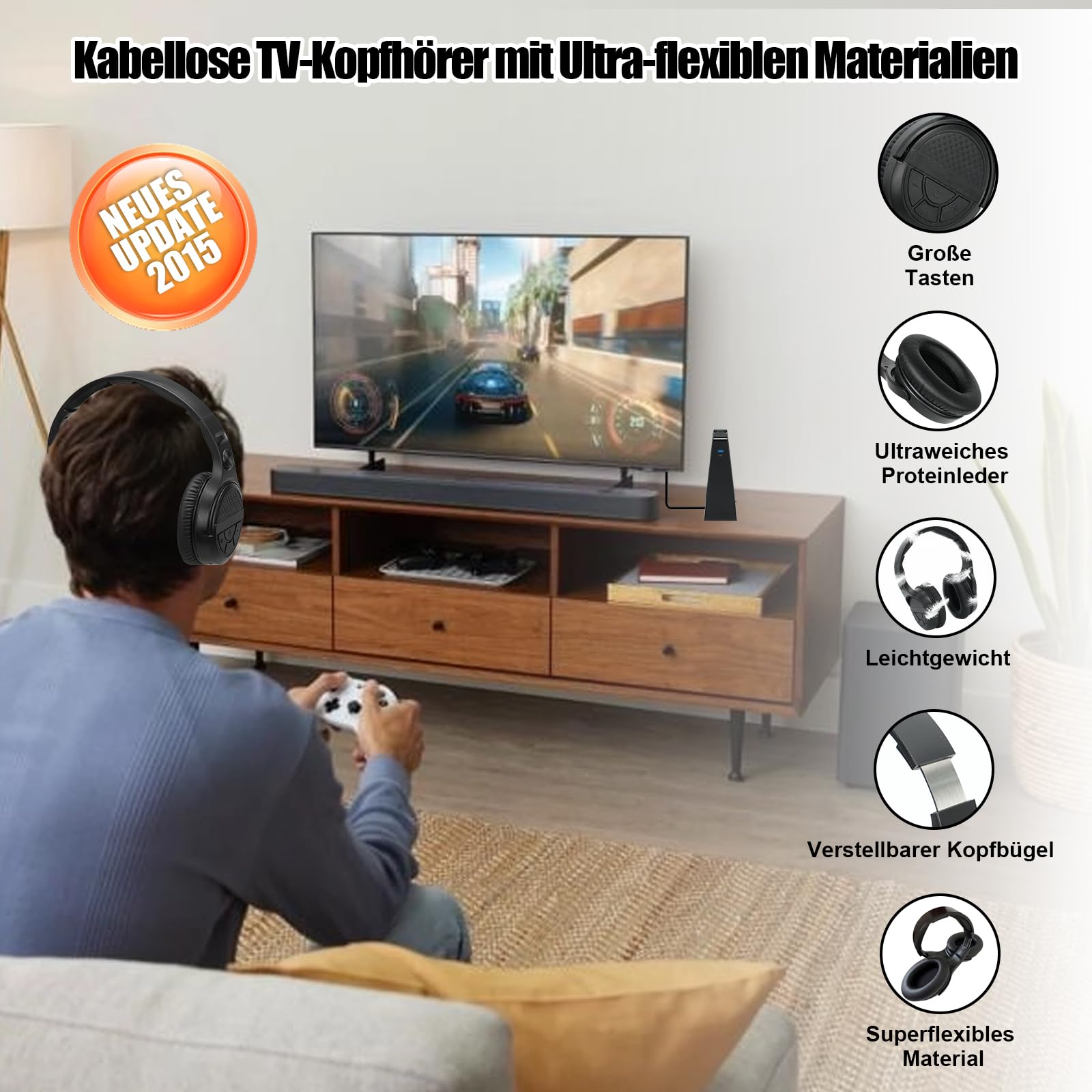 Drahtlose TV-Kopfhörer mit Ladestation und Sender, 2,4-GHz-Funkkopfhörer zum Fernsehen, große Bedientasten und Klangverstärkung für Senioren, Leichtes, Bequemes Bluetooth-Headset, Einfach zu Bedienen
