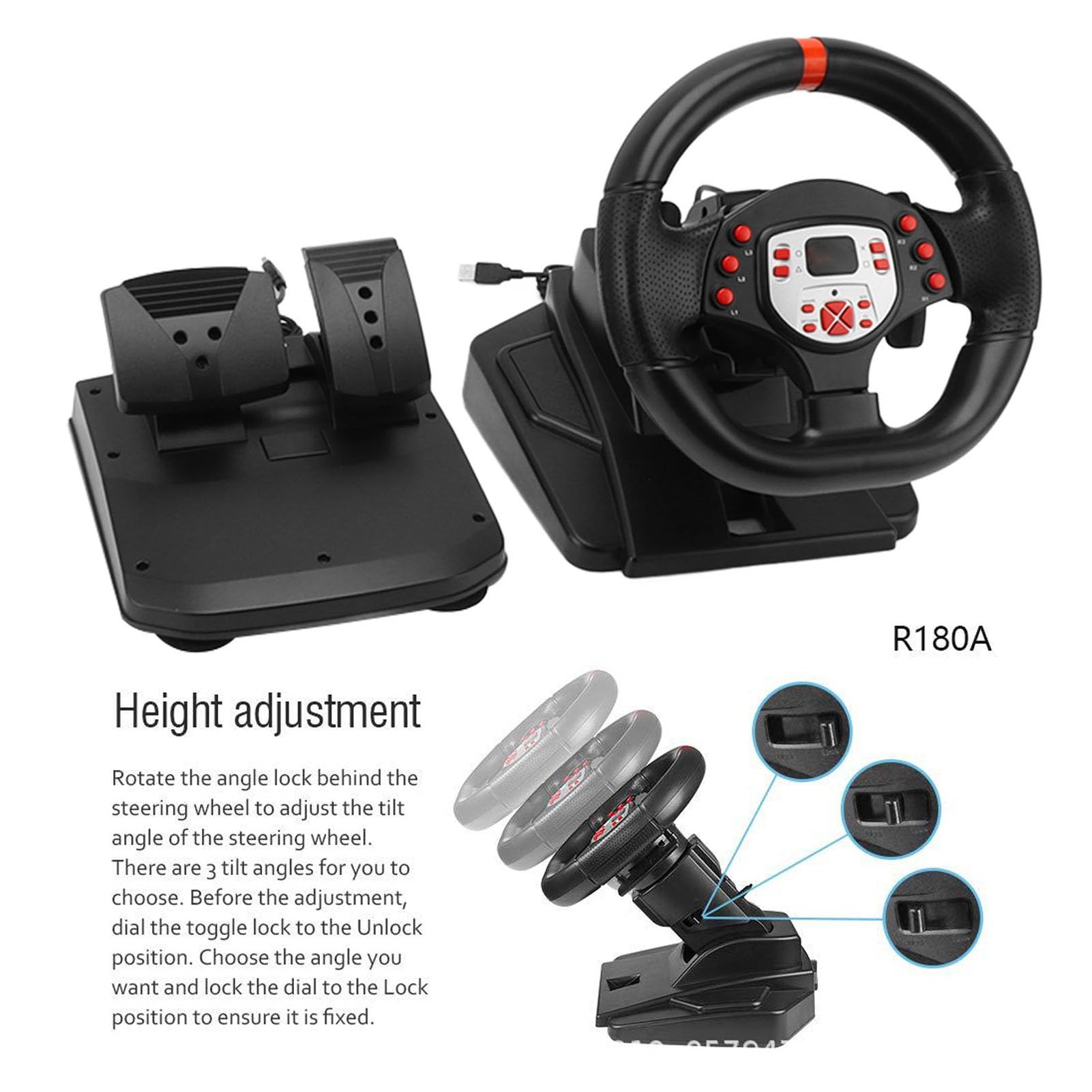 Cosiki Volante de Carreras, Volante para Juegos, Vibración, Volante para PC con Pedal, Paleta de de 180 Grados, 5 en 1 Driving Force Racing Wheel Simulador de Carreras para PC