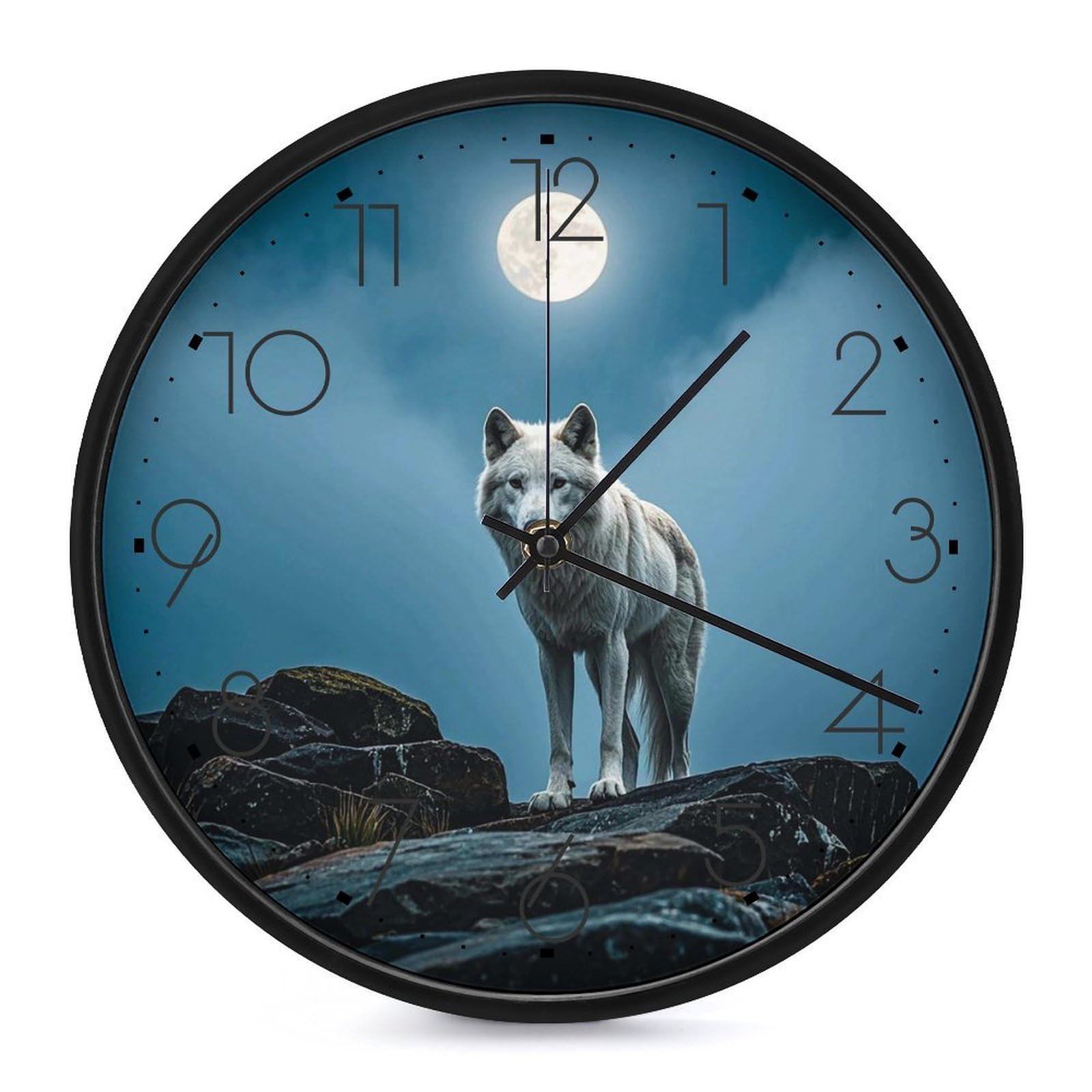 DWVTSLH The White Wolf on The Rock Wall Clock 10 Inch Silent Non-Ticking Modern Clocks Battery Operated - Decorative Wall Clocks for Bedroom Living Room Kitchen Office Wall Decor Gift Idea