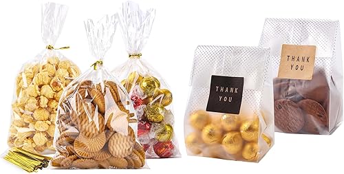 LOKIQNG - Paquete de 100 bolsas de celofán, bolsas de plástico transparentes para galletas, bolsas de dulces con lazos giratorios y 100 bolsas de