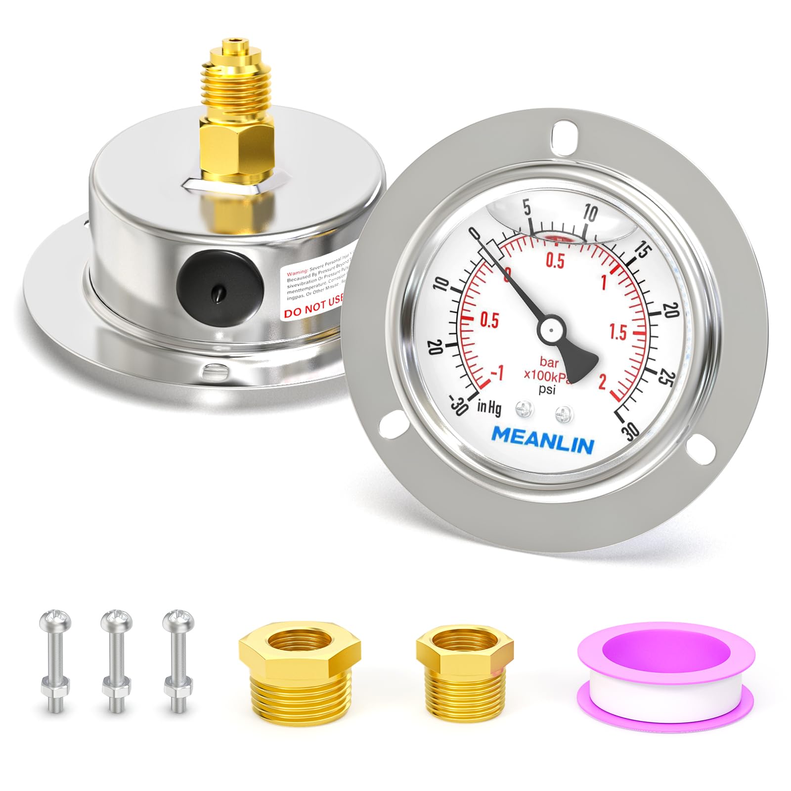 MEANLIN MEASURE -1~2BAR/-15~30PSI Manómetro de presión llenado con líquido,montaje en panel con brida frontal,1/4"BSP 2.5"FACE DIAL,caja de acero inoxidable con tornillo Phillips y tuerca,+/-3-2-3%.