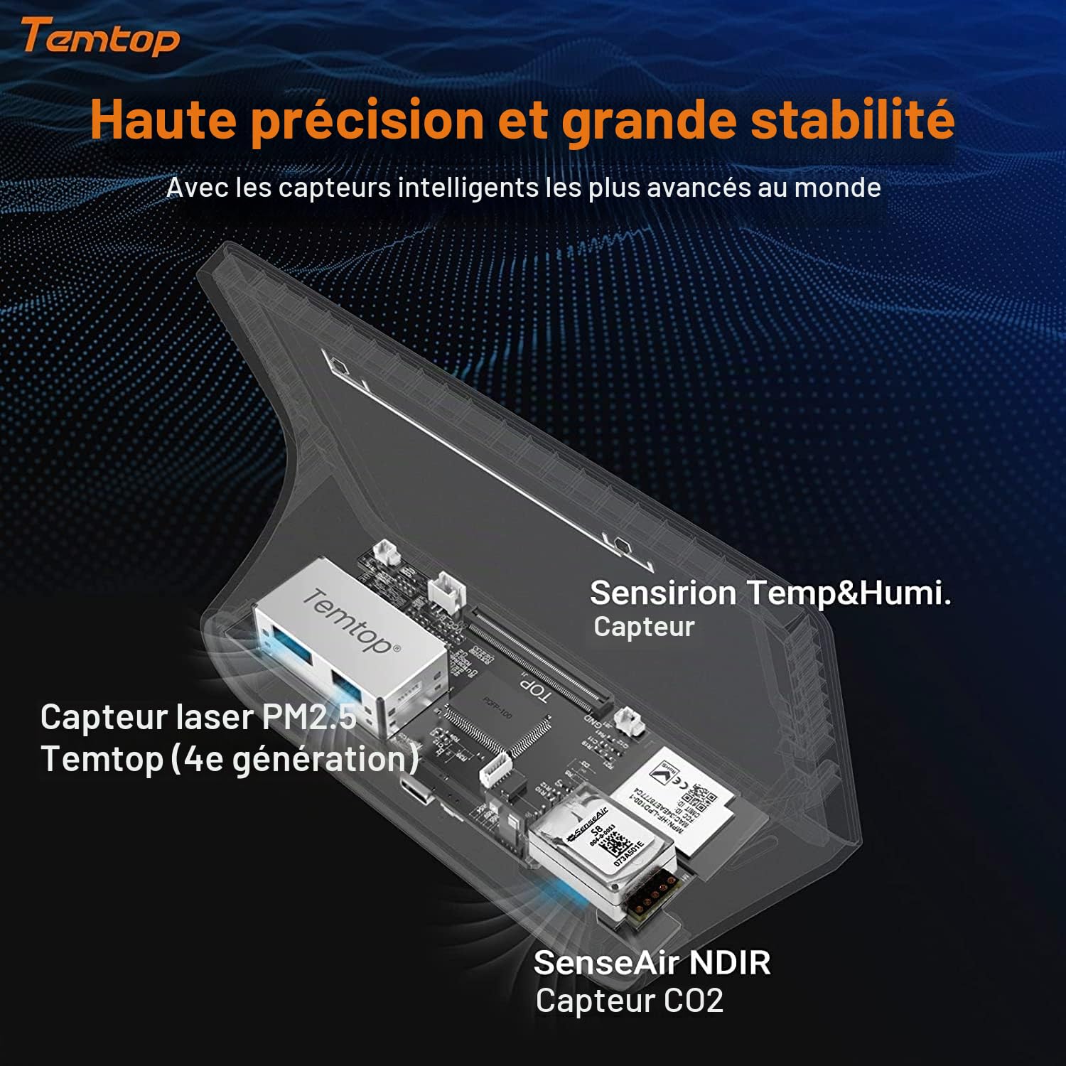 Temtop Moniteur de qualité de l'air Station météo intelligente 8 en 1 avec détecteur de CO2 PM2,5 PM10 Moniteur Température Humidité Prévisions météorologiques