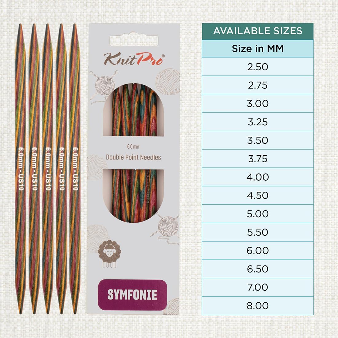 KnitPro KP20113 20 cm x 6 mm Symfonie Double Pointed Needles, Multi-Color
