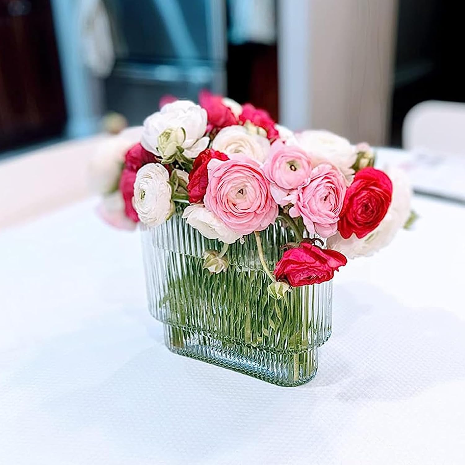 TOPZEA Ribbed Glass Vases, 8" H Large Clear Modern Fluted Vases Wide Mouth Decorative Elegant Rectangle Vase for Bouquet, Centerpiece, Wedding, Coffee Table, Shelf, Entryway, Home Decor (Pack of 2)