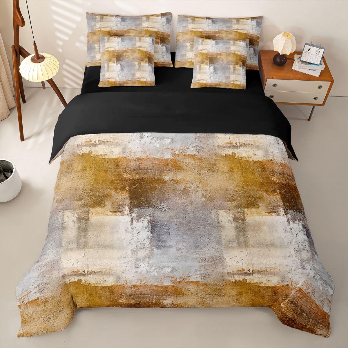 Loussiesd Set di biancheria da letto con copripiumino singolo astratto con lenzuola, per bambini, ragazzi e ragazze, motivo geometrico grigio arancione ombré, 7 pezzi, arte astratta moderna