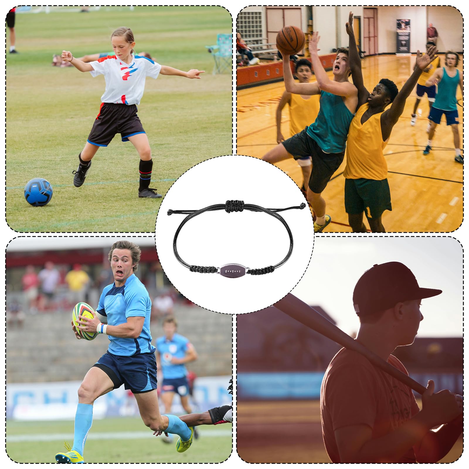 20szt Regulowane Bransoletki Sportowe, Bransoletki na Przyjecia Sportowe Bransoletki z Zawieszkami Sportowymi Inspirujace Bransoletki z Pilkami Sportowymi dla Kobiet Mezczyzn (Rugby)