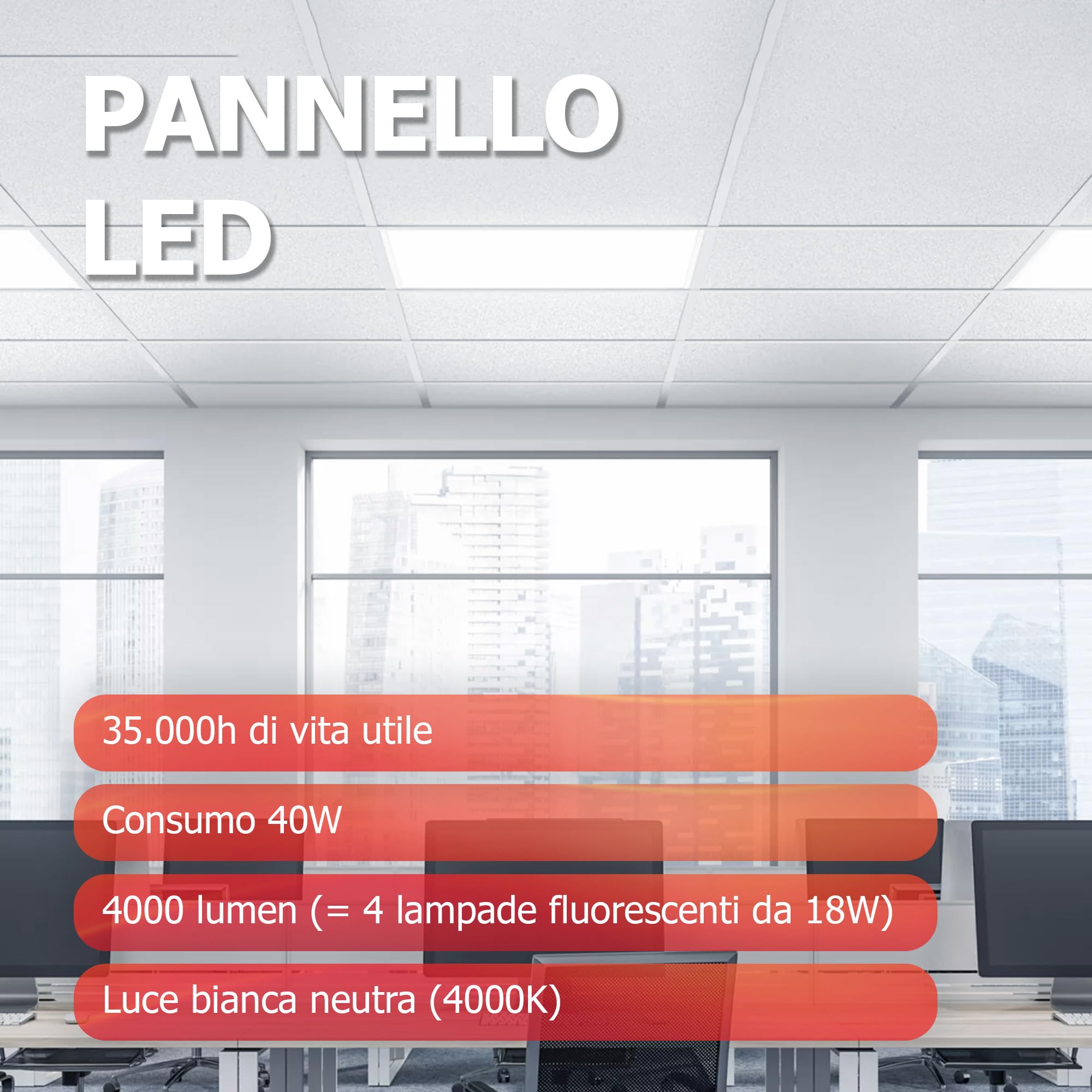 PILA Pack da 4 pannelli LED 60x60 cm, 40W, luce bianca neutra (4000K), non regolabile, 4000 lumen, CRI80, UGR22, 35.000 ore di durata utile