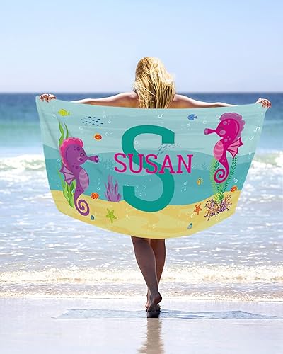 Toalla de playa personalizada con nombres, Sea World Sea Horse Toallas de playa personalizadas para niños, toalla de playa de microfibra absorbente
