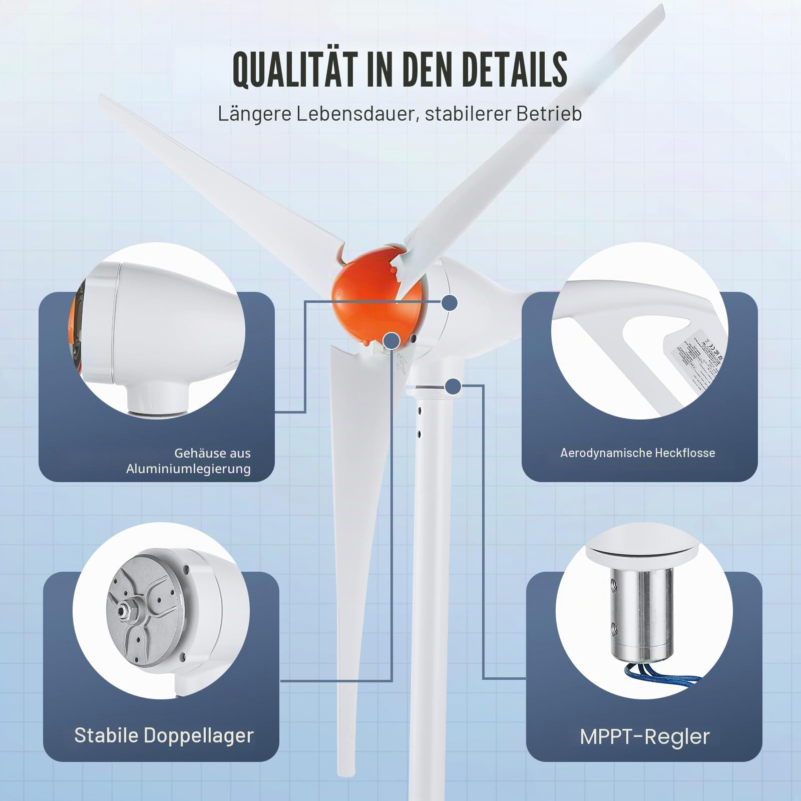VEVOR 500 W Windkraftanlage, 12 V Windgenerator, 3-Blatt-Windkraftgenerator mit Anemometer, MPPT-Regler und einstellbarer Windrichtung, geeignet für Zuhause, Bauernhof, Wohnmobile, Boote
