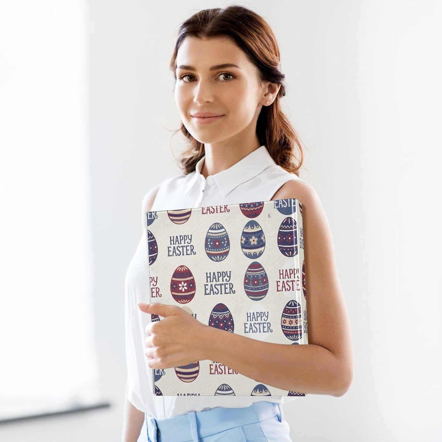 Retro Easter Eggs 3 Ring Binders, 1.5” Round Ring Binders with Clipboard - Letter Size, 3 Interior PVC Clear Pockets & Anti-Slip Clip for Office School Supplies, 2PCS