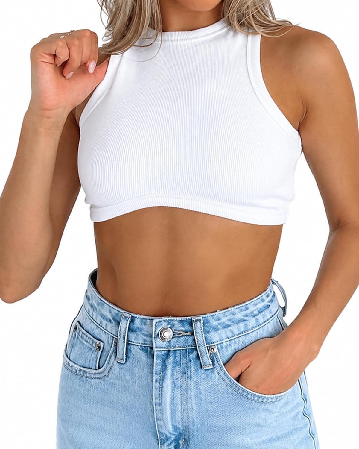 Abardsion Women's Crew Neck Racerback Knit Ribbed Crop Tank Tops