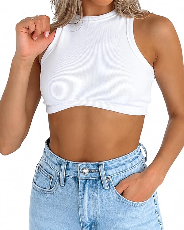 Abardsion Women's Crew Neck Racerback Knit Ribbed Crop Tank Tops White by Abardsion - Used condition - US$12.53