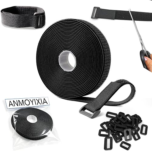 Adjustable Cable Straps 5m with 25 Buckles Free Cut Length, Reusable Fastening Cable Ties, Hook and Loop Securing Strap for Cable Tidy, Wire Management, Cord Organiser, Black 2cm Wide