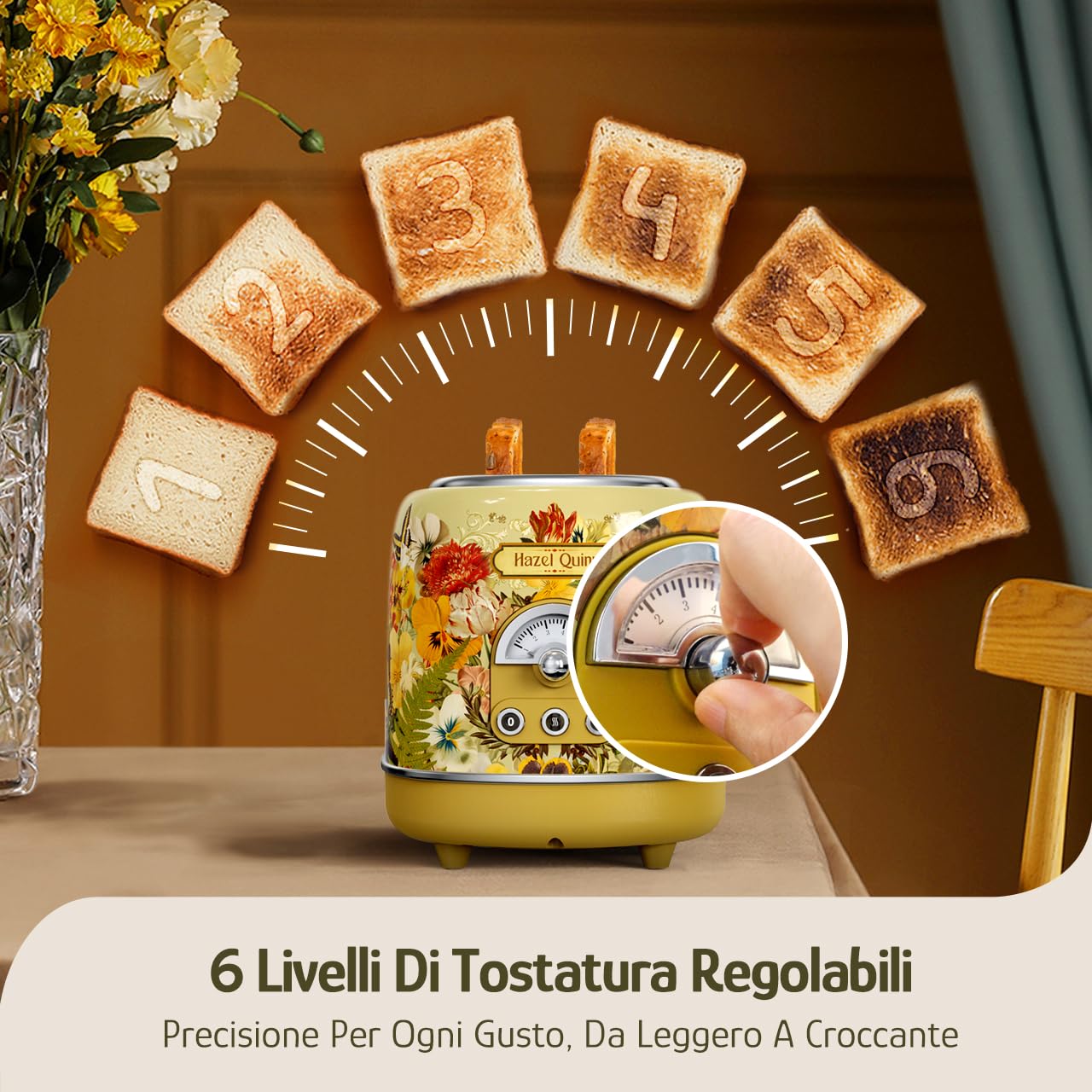 Hazel Quinn Tostapane Vintage, 2 Fette Di Pane Automaticamente Centrato, 3 Funzioni e 6 Livelli di Tostatura, Con Vassoio Per Briciole Rimovibile, 815 Watt - Giallo Stampato