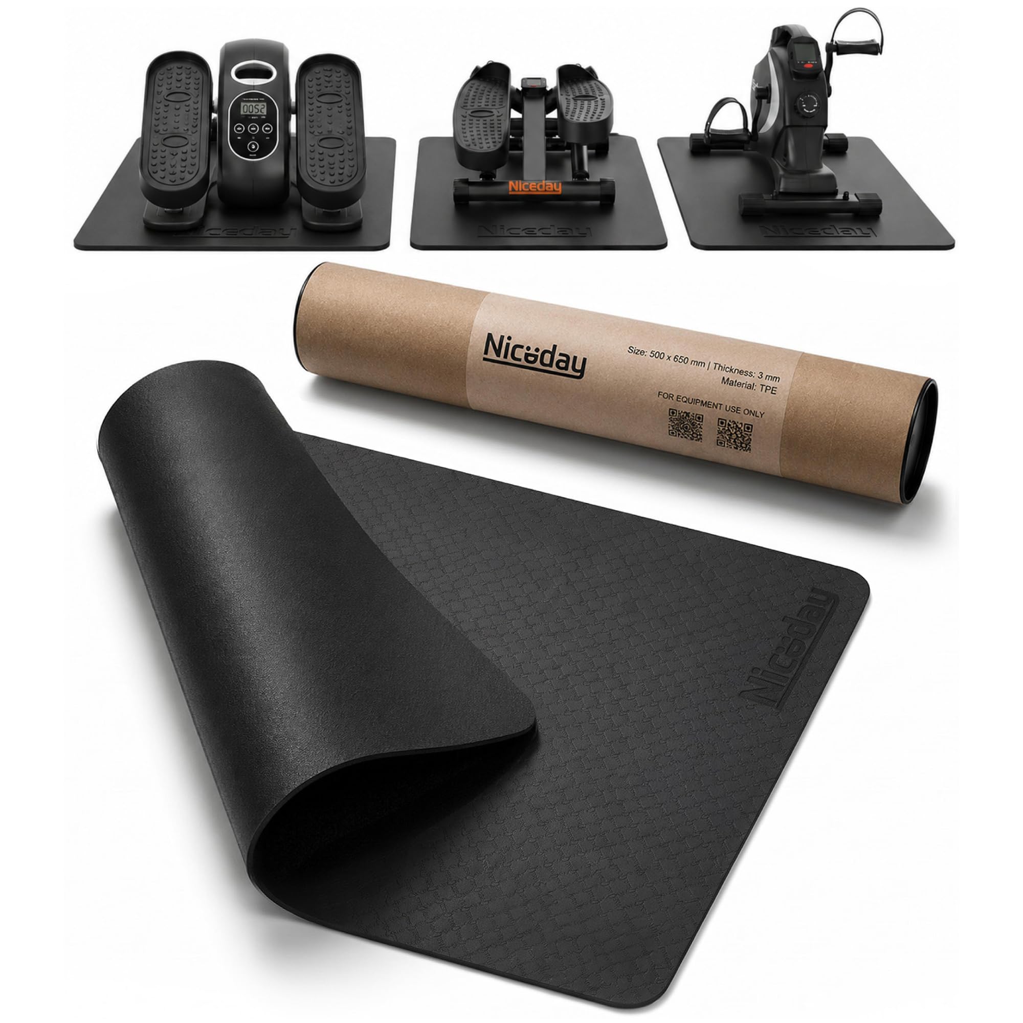 Niceday Tapis de protection de sol pour équipement de fitness (65 x 50 cm) - 3 mm d'épaisseur TPE antidérapant absorbant les chocs pour mini steppers, pédalage et entraînement à domicile