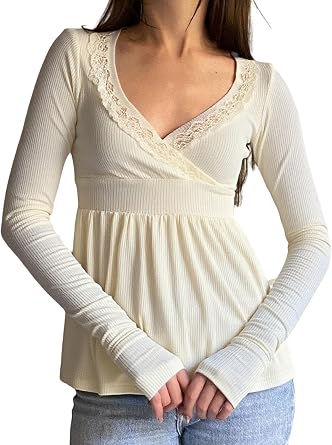 Women Y2K Babydoll Knit Tops Long Sleeve Lace Patchwork Low Cut Peplum Sweater Fairy Vintage 90s Coquette Blouse