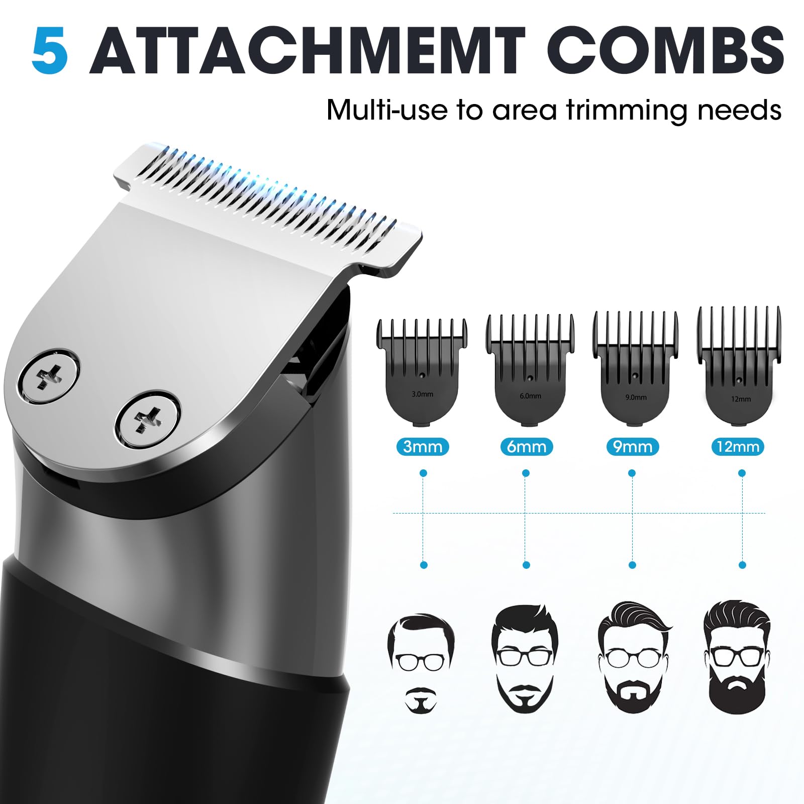 elestyle Barttrimmer Herren Haarschneidemaschine, All-In-One Trimmer Bartschneider Nasenhaartrimmer Haarschneider, USB Wiederaufladbar Rasierer Elektrisch mit 3 Scherkopf, 4 Aufsteckkämme