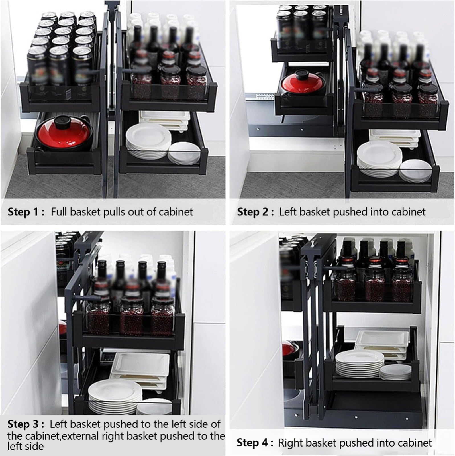 Organizzatore Estraibile per Armadietto Ad Angolo Cieco, con 4 Cestelli Portaoggetti, Compatibile con Apertura Sinistra E Apertura Destra, per Cucina Domestica 700